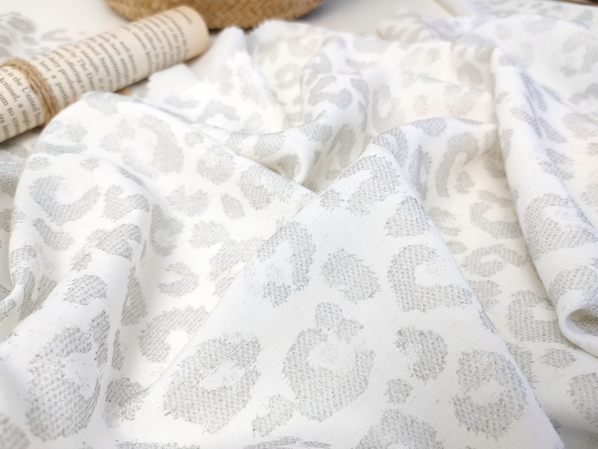 Silver Leopard: White Linen Rayon Fabric with Silver Foil Print 3668 - The Linen Lab - White