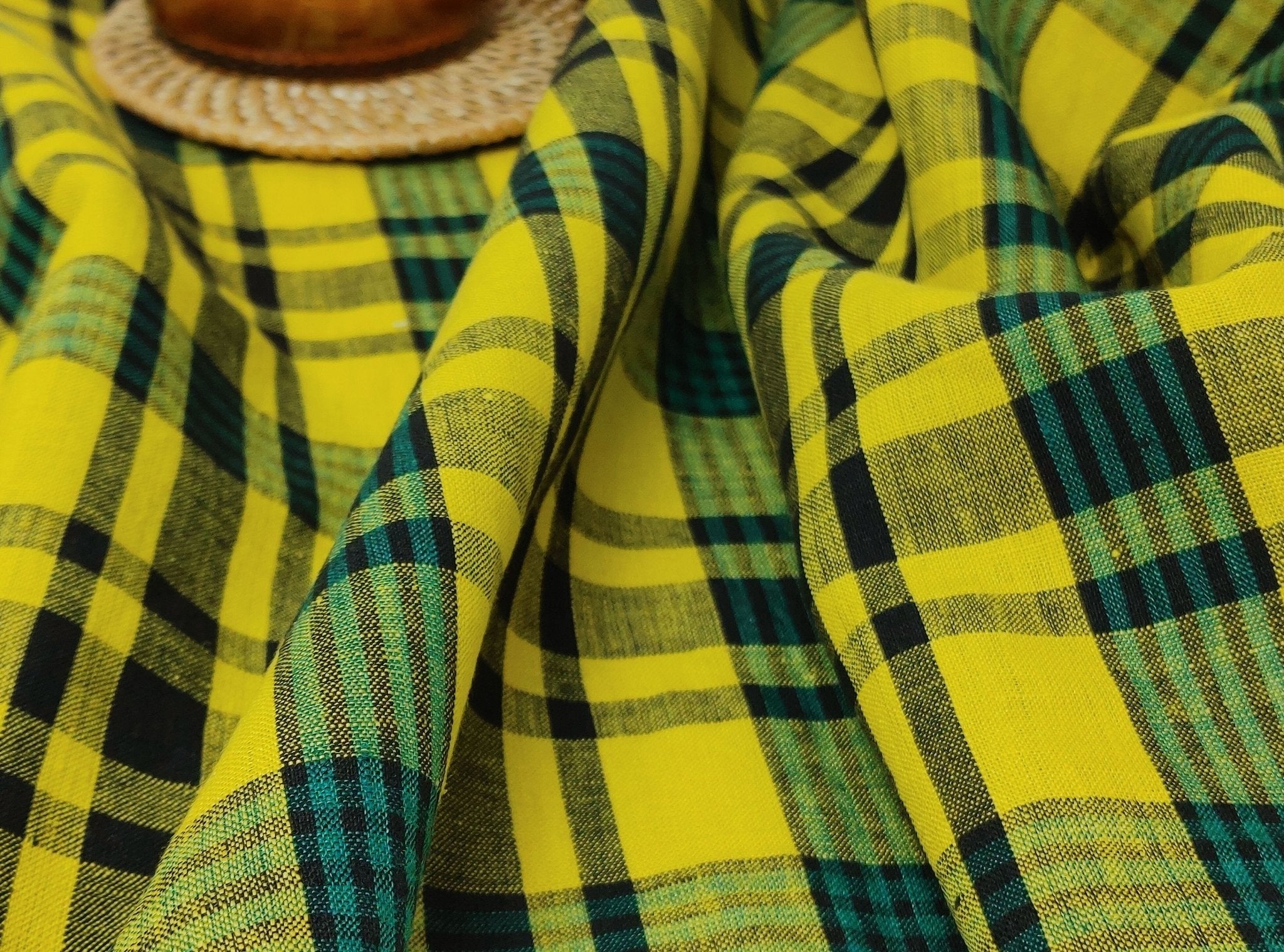 Sunny Fields: Yellow, Black and Green Linen Cotton Plaid Fabric 6619 - The Linen Lab - Yellow