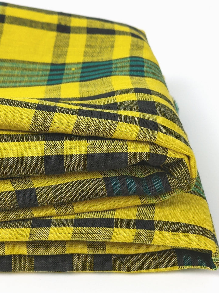 Sunny Fields: Yellow, Black and Green Linen Cotton Plaid Fabric 6619 - The Linen Lab - Yellow
