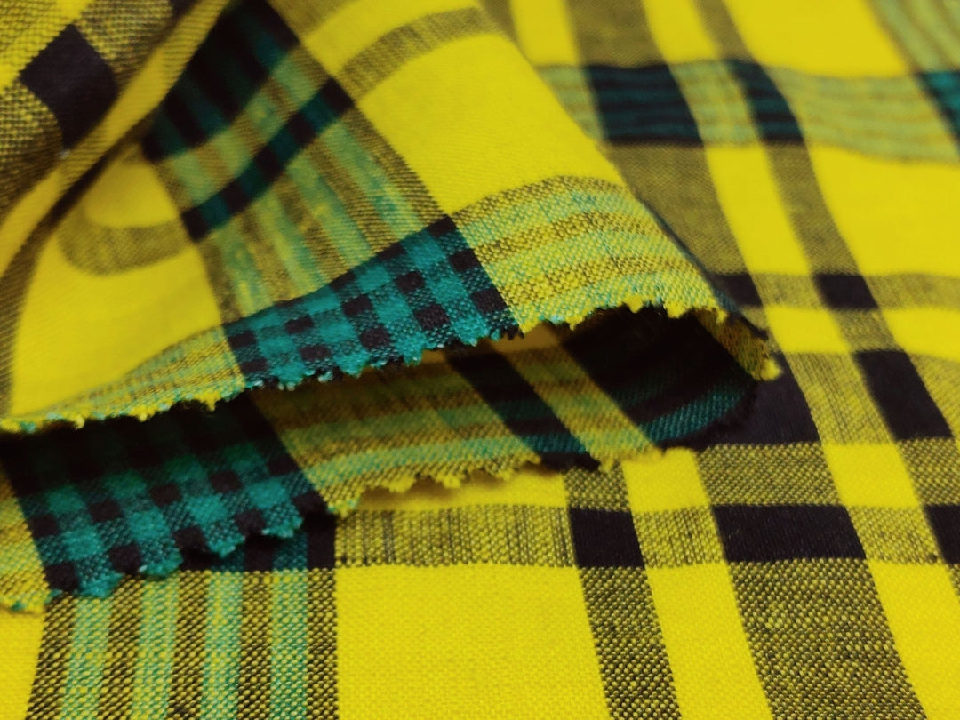 Sunny Fields: Yellow, Black and Green Linen Cotton Plaid Fabric 6619 - The Linen Lab - Yellow