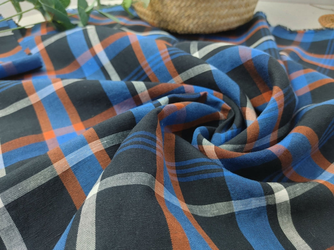 Timeless Plaid: Linen Tencel Blend Fabric with Plaid Pattern 7185 - The Linen Lab - Navy