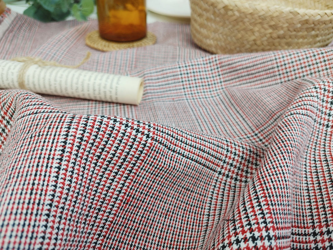 Tricolor Symphony: Linen Cotton Twill Glen Plaid in Medium Weight – White, Red, and Black 6759 - The Linen Lab - Red
