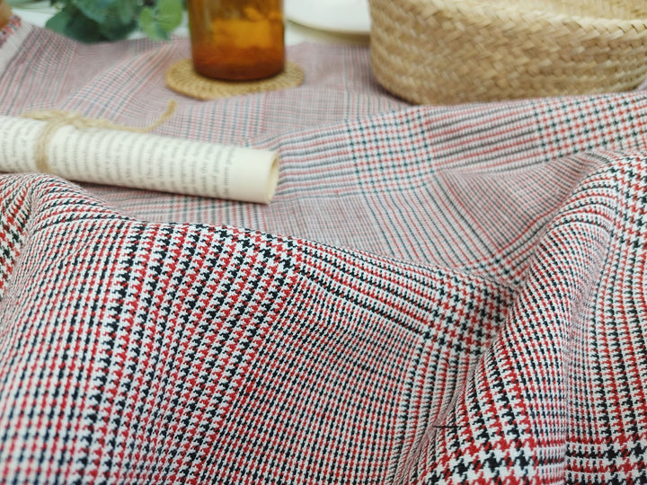 Tricolor Symphony: Linen Cotton Twill Glen Plaid in Medium Weight – White, Red, and Black 6759 - The Linen Lab - Red