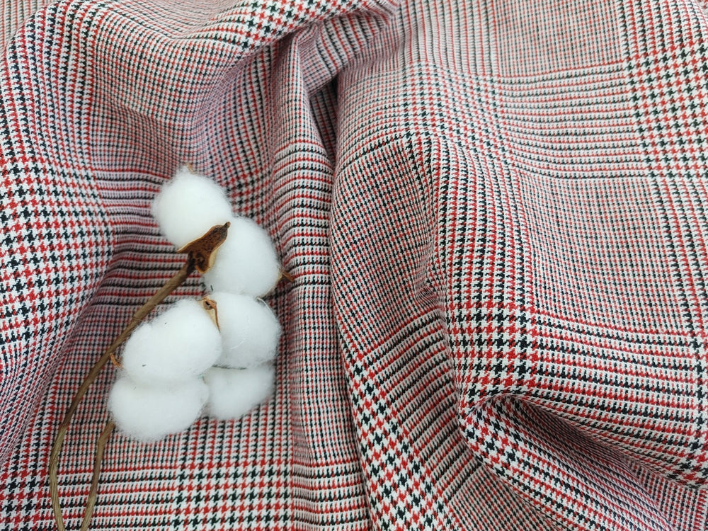 Tricolor Symphony: Linen Cotton Twill Glen Plaid in Medium Weight – White, Red, and Black 6759 - The Linen Lab - Red