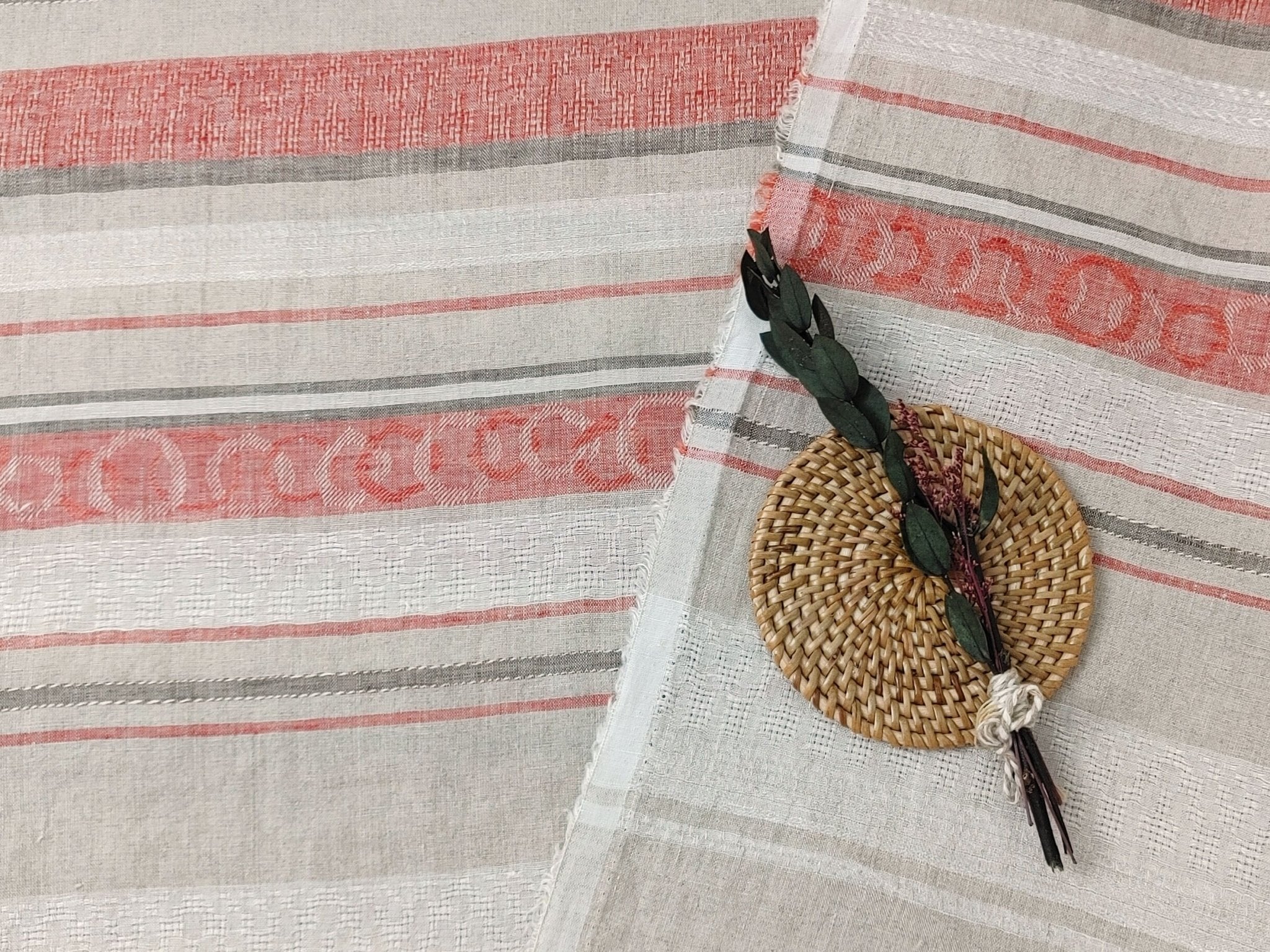 Unique Elegance: 100% Linen Multi Pattern Horizontal Stripe Jacquard Fabric 7136 - The Linen Lab - Red