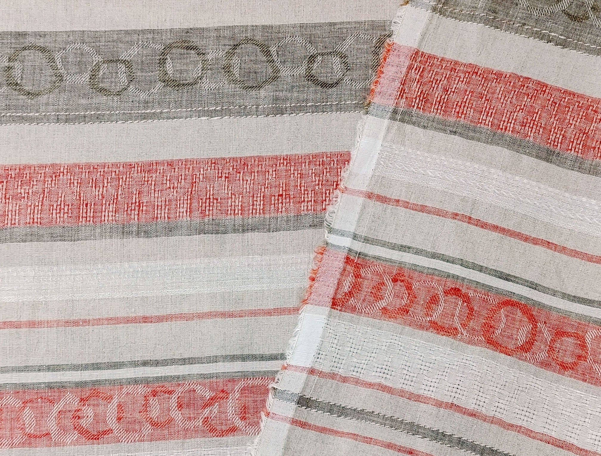 Unique Elegance: 100% Linen Multi Pattern Horizontal Stripe Jacquard Fabric 7136 - The Linen Lab - Red