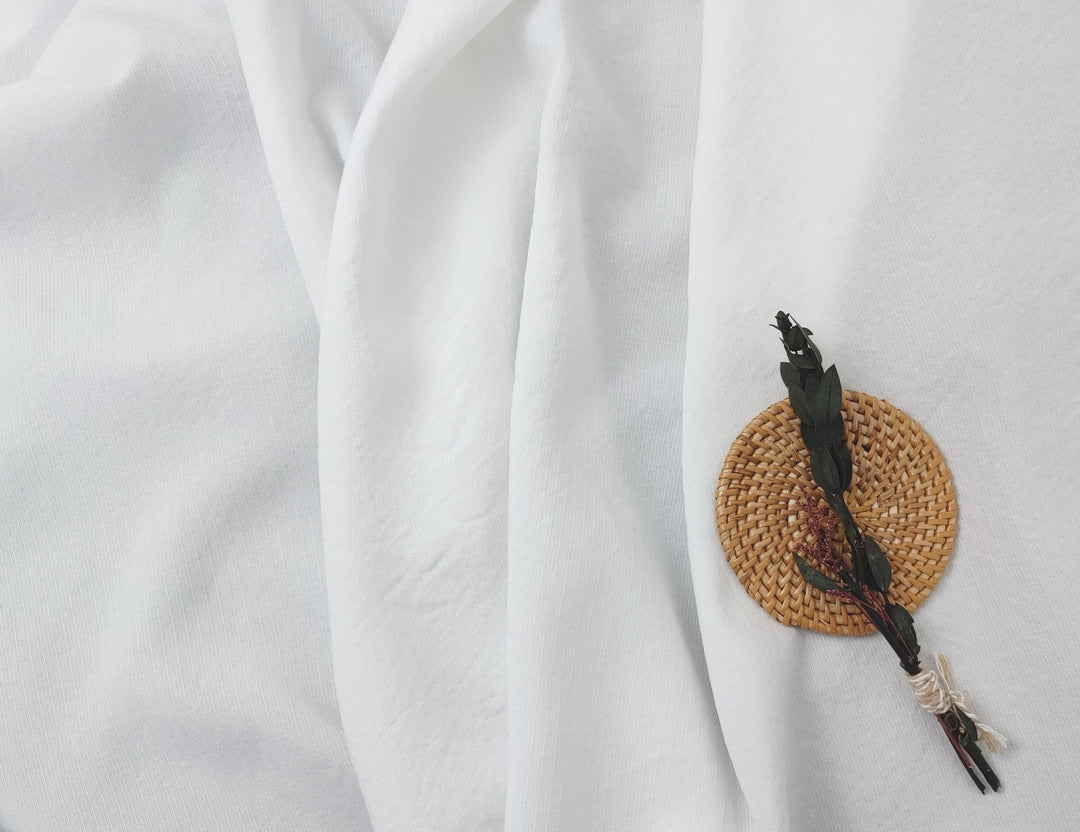 White Linen-Rayon Fabric with Delicate Stripes and Subtle Wrinkle Effect 7648 - The Linen Lab - White
