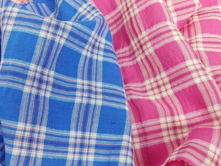 Wrinkled Plaid Fabric: Linen Cotton PU in Pink and Blue Dual Colorway 7269 7270 - The Linen Lab - Pink