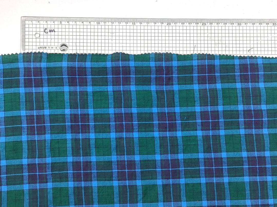 Wrinkled Tartan Fabric: Linen Cotton PU in Green, Wrinkled Effect 7360 - The Linen Lab - Green