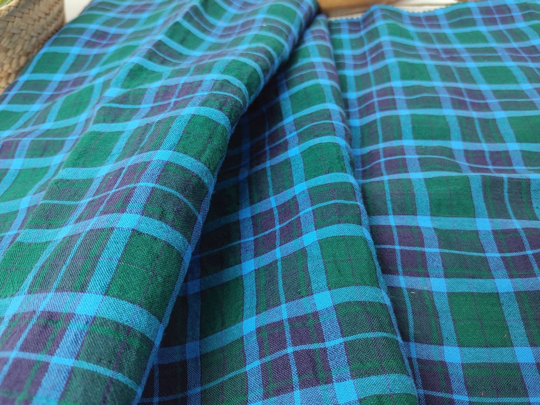 Wrinkled Tartan Fabric: Linen Cotton PU in Green, Wrinkled Effect 7360 - The Linen Lab - Green
